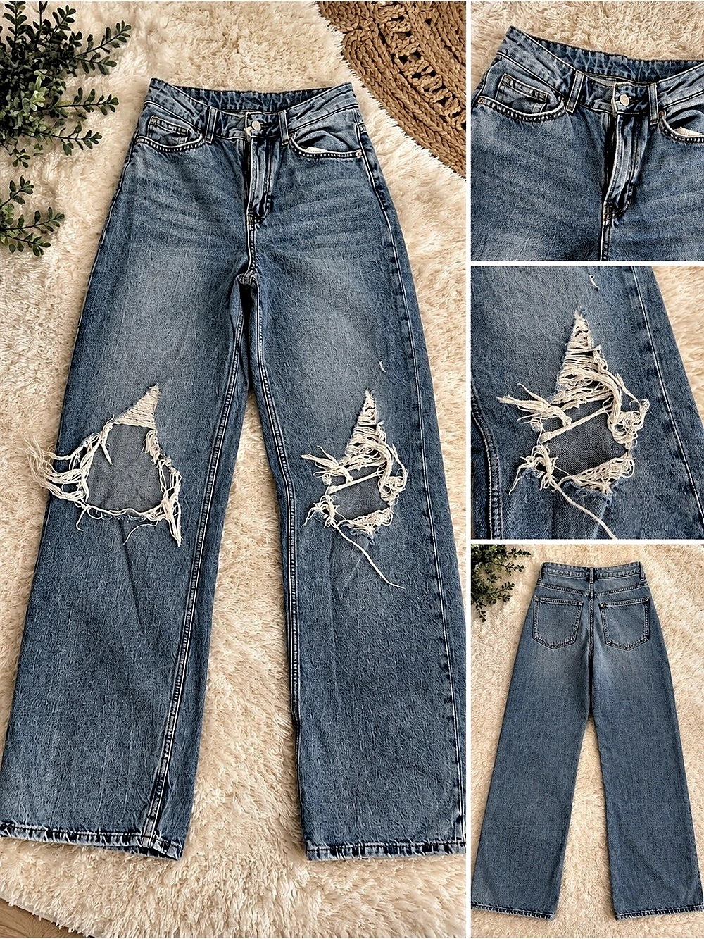 H&M Divided High Waisted Wide Leg Distressed Knee Jeans Blue EU 34